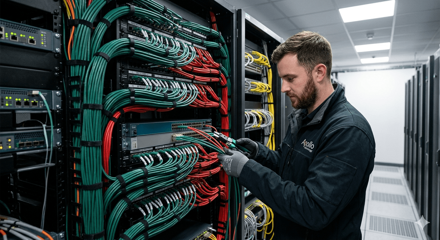 Apollo Technology technician organizing high-density green and red copper patch leads alongside fibre optic cabling in an enterprise data center server rack.